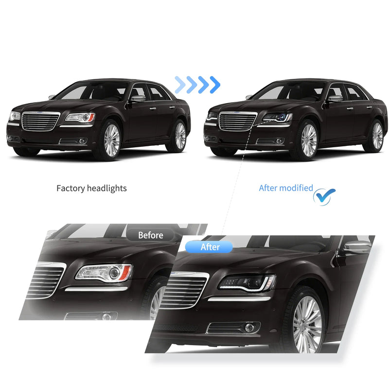 VLAND Dual Beam Projector Headlights and FULL LED TAIL LIGHTS FOR CHRYSLER 300/LANCIA THEMA 2011-2014 2ND GEN LD
