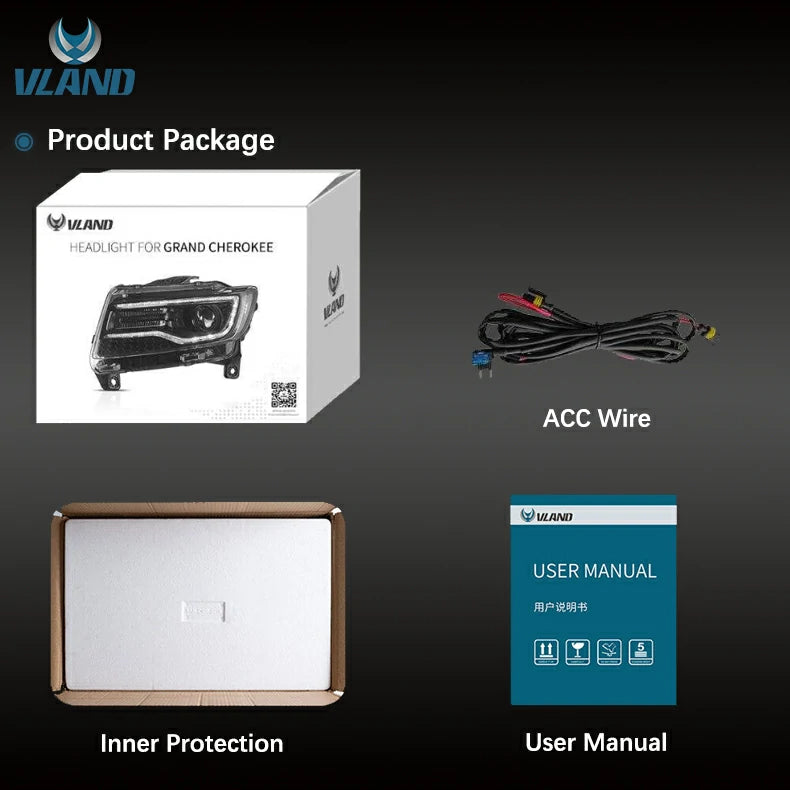 VLAND Full LED Dual Beam Headlights for Jeep Grand Cherokee WK2 2011-2013 4th Gen (Fourth Generation WK2) w/ Blue DRL Sequential Indicator
