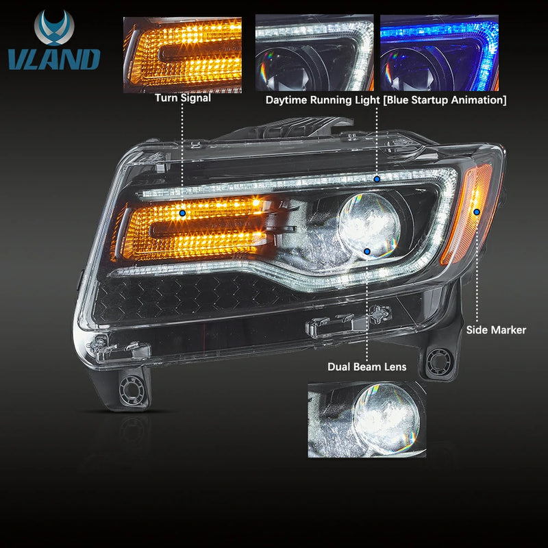 VLAND Full LED Dual Beam Headlights for Jeep Grand Cherokee WK2 2011-2013 4th Gen (Fourth Generation WK2) w/ Blue DRL Sequential Indicator