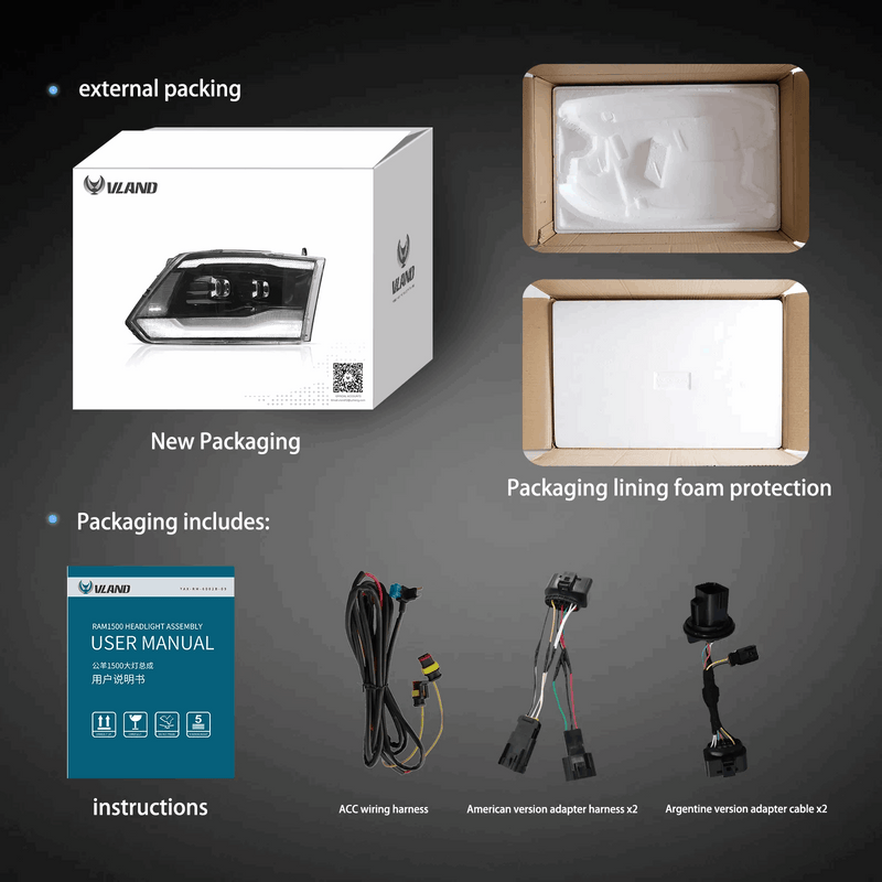 VLAND LED Projector Headlights For Dodge Ram 1500 / 2500 / 3500 2009-2018 Ram1500 Classic 2019-2021