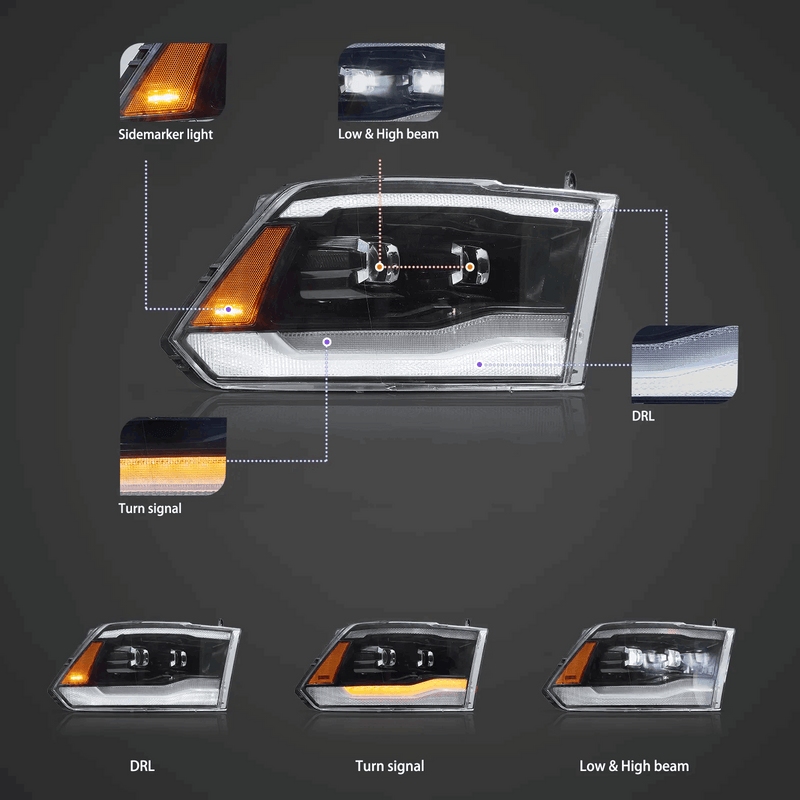 VLAND LED Projector Headlights For Dodge Ram 1500 / 2500 / 3500 2009-2018 Ram1500 Classic 2019-2021