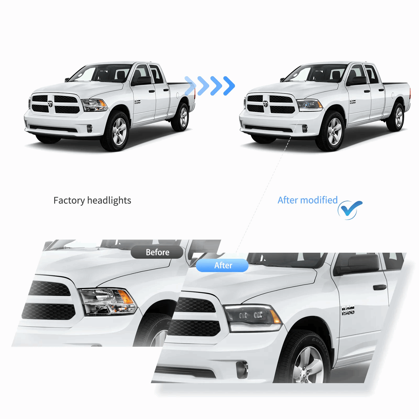VLAND Full LED Projector Headlights – Pair – For Dodge Ram 1500 2019 2020 2021 – Black Housing