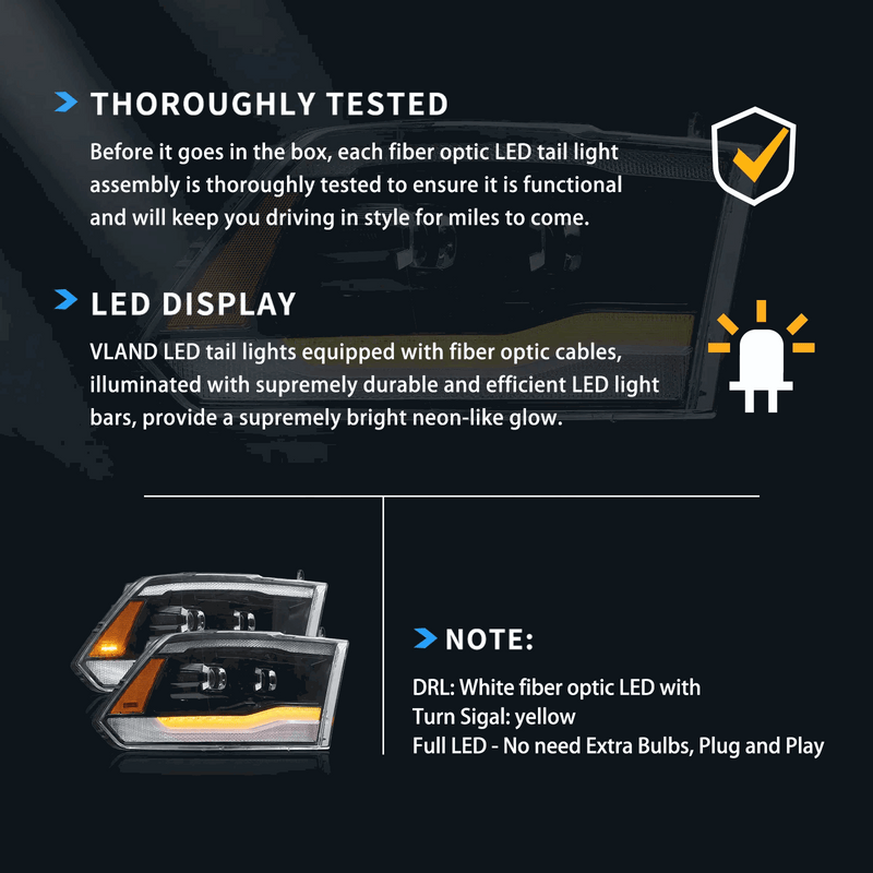 VLAND LED Projector Headlights For Dodge Ram 1500 / 2500 / 3500 2009-2018 Ram1500 Classic 2019-2021