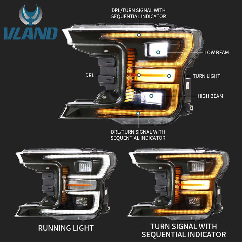 Vland Full LED Headlights for Ford F150 13th Gen Pickup 2018-2020 w/ Sequential Turn Signals （Only One Side） VLAND Factory