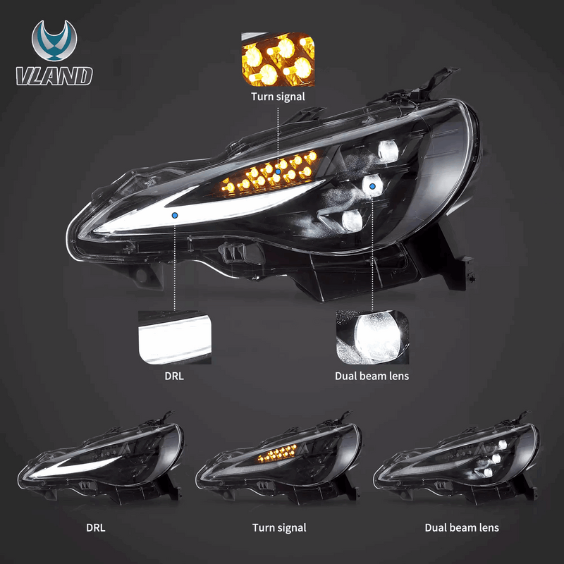 VLAND LED Dual Beam Headlights for Toyota 86 12-20, Subaru BRZ 13-19, Scion FR-S 13-16 1st Gen (ZN6/ZC6) w/ sequential Turn Signal Dynamic Mode