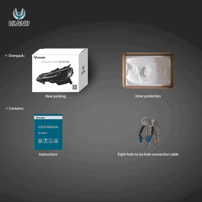 VLAND LED Dual Beam Headlights for Toyota 86 12-20, Subaru BRZ 13-19, Scion FR-S 13-16 1st Gen (ZN6/ZC6) w/ sequential Turn Signal Dynamic Mode