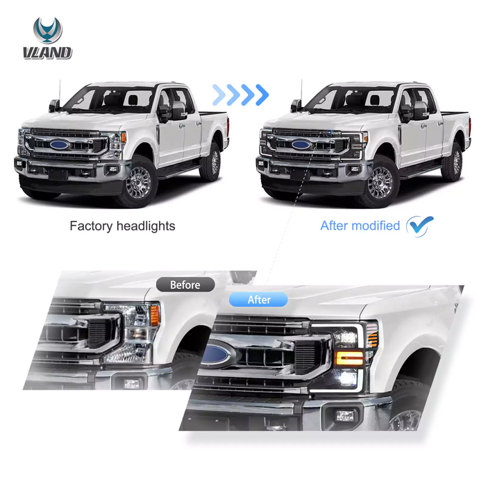 VLAND Full LED Headlights for Ford F250 / F350 / F450 Super Duty 2020-2022 with Sequential Turn Signals Black Housing