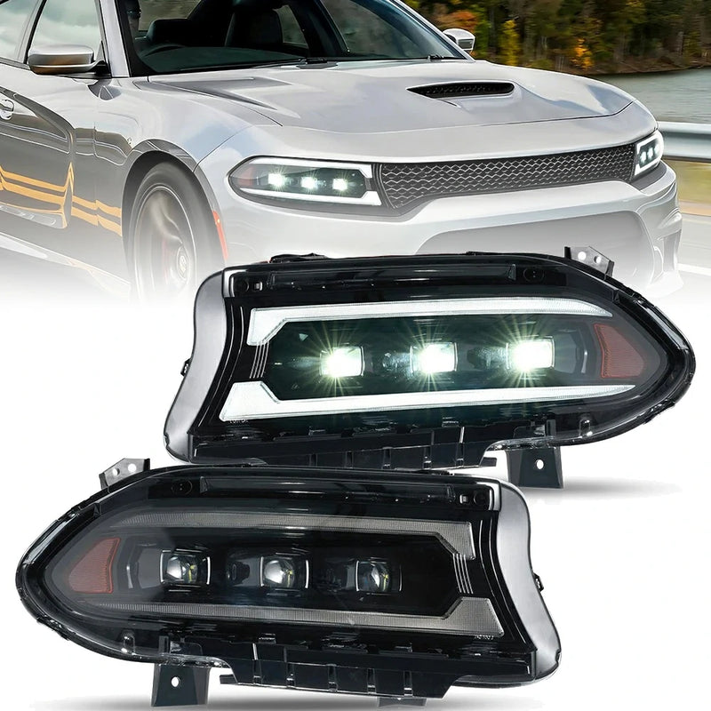 Vland Full LED 3 Projectors Dual Beam Lens Headlights For Dodge Charger 2015-2021 7th Gen Facelift (Seventh generation, LD) Amber / White DRL