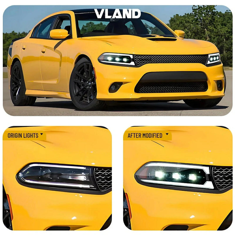 Vland Full LED 3 Projectors Dual Beam Lens Headlights For Dodge Charger 2015-2021 7th Gen Facelift (Seventh generation, LD) Amber / White DRL