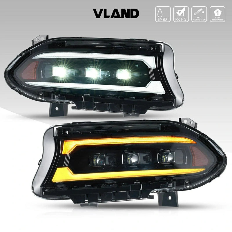 Vland Full LED 3 Projectors Dual Beam Lens Headlights For Dodge Charger 2015-2021 7th Gen Facelift (Seventh generation, LD) Amber / White DRL
