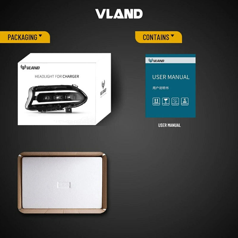 Vland Full LED 3 Projectors Dual Beam Lens Headlights For Dodge Charger 2015-2021 7th Gen Facelift (Seventh generation, LD) Amber / White DRL