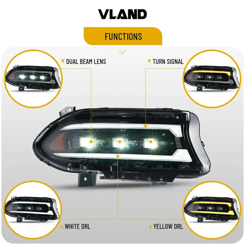 Vland Full LED 3 Projectors Dual Beam Lens Headlights For Dodge Charger 2015-2021 7th Gen Facelift (Seventh generation, LD) Amber / White DRL