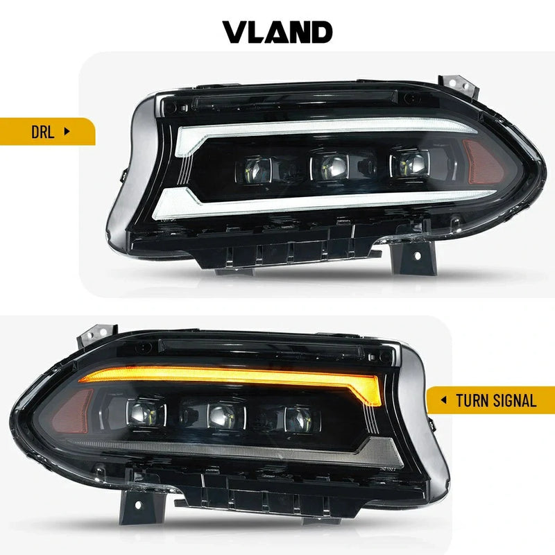 Vland Full LED 3 Projectors Dual Beam Lens Headlights For Dodge Charger 2015-2021 7th Gen Facelift (Seventh generation, LD) Amber / White DRL