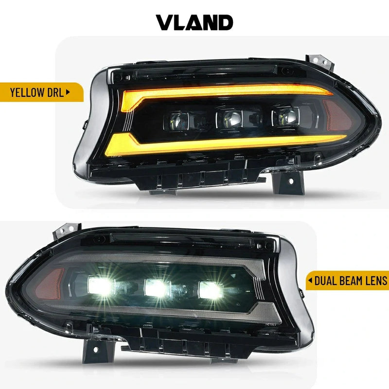 Vland Full LED 3 Projectors Dual Beam Lens Headlights For Dodge Charger 2015-2021 7th Gen Facelift (Seventh generation, LD) Amber / White DRL