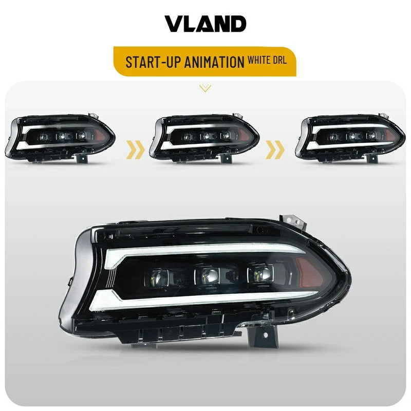 Vland Full LED 3 Projectors Dual Beam Lens Headlights For Dodge Charger 2015-2021 7th Gen Facelift (Seventh generation, LD) Amber / White DRL