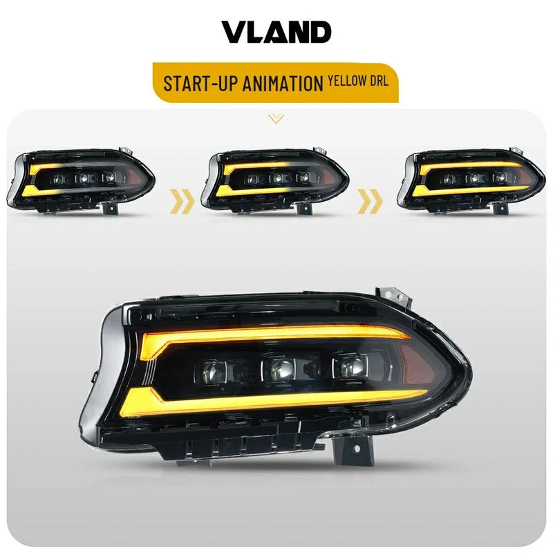 Vland Full LED 3 Projectors Dual Beam Lens Headlights For Dodge Charger 2015-2021 7th Gen Facelift (Seventh generation, LD) Amber / White DRL