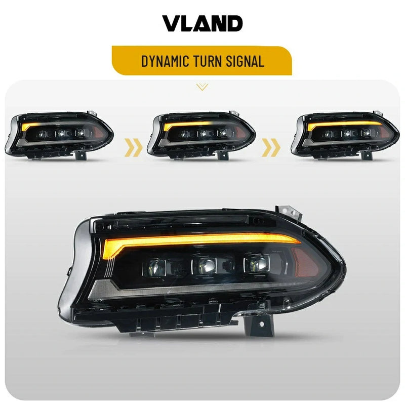 Vland Full LED 3 Projectors Dual Beam Lens Headlights For Dodge Charger 2015-2021 7th Gen Facelift (Seventh generation, LD) Amber / White DRL