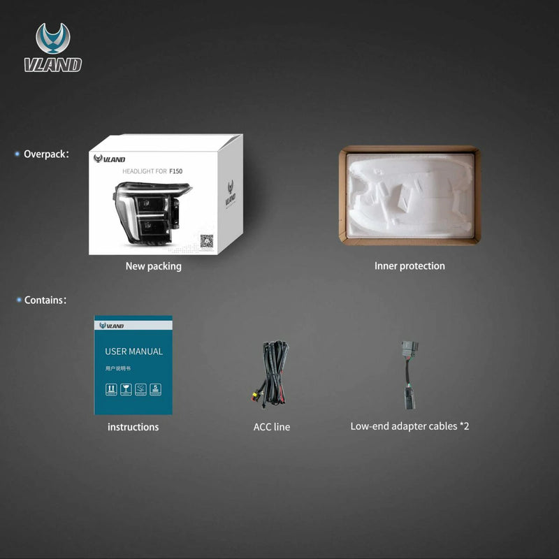 Vland Full LED Dual Beam Headlights for 2021-2024 Ford F150 With Amber/White DRL Options