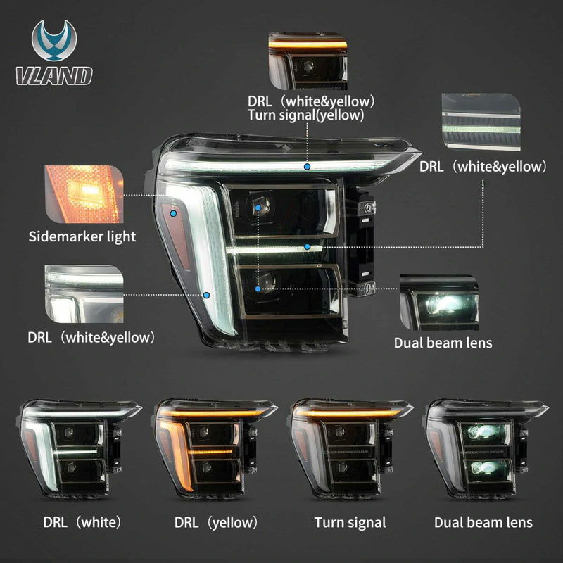 Vland Full LED Dual Beam Headlights for 2021-2024 Ford F150 With Amber/White DRL Options