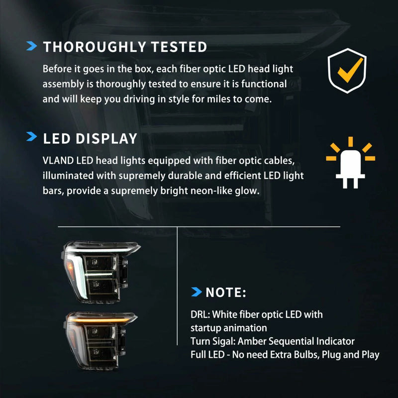 Vland Full LED Dual Beam Headlights for 2021-2024 Ford F150 With Amber/White DRL Options