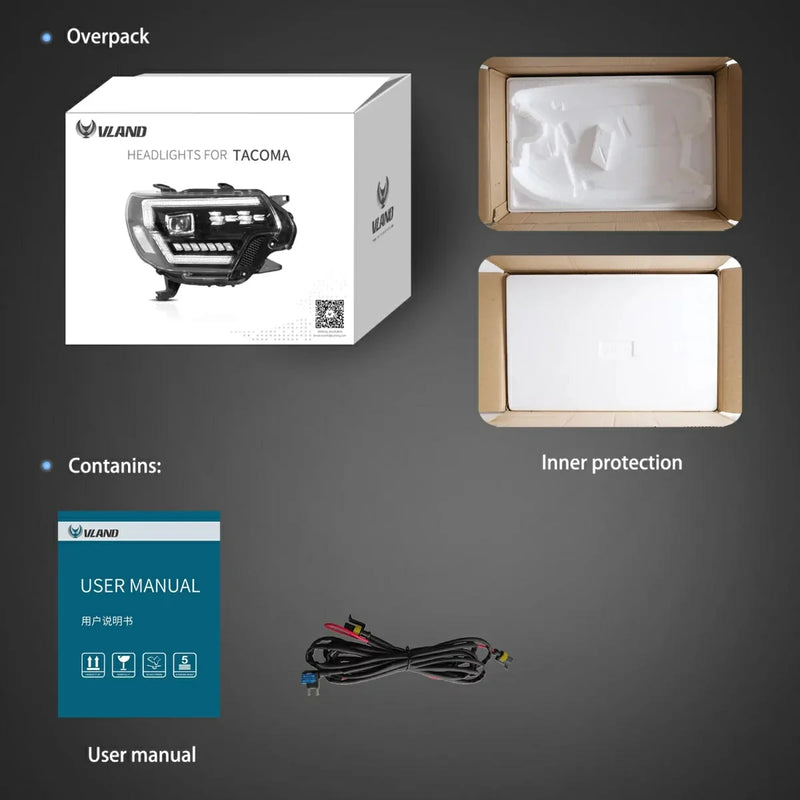 VLAND Full LED Dual Beam Headlights for Toyota Tacoma 2012-2015 2nd Gen w/ Sequential Indicator Startup Animation