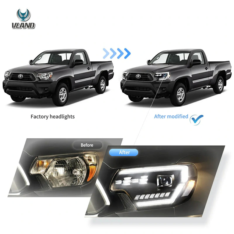 VLAND Full LED Dual Beam Headlights for Toyota Tacoma 2012-2015 2nd Gen w/ Sequential Indicator Startup Animation