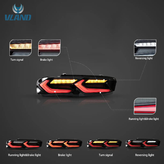 VLAND Full LED Tail Lights Smoked for Chevrolet Chevy Camaro 2019-2024 w/ sequential Indicator