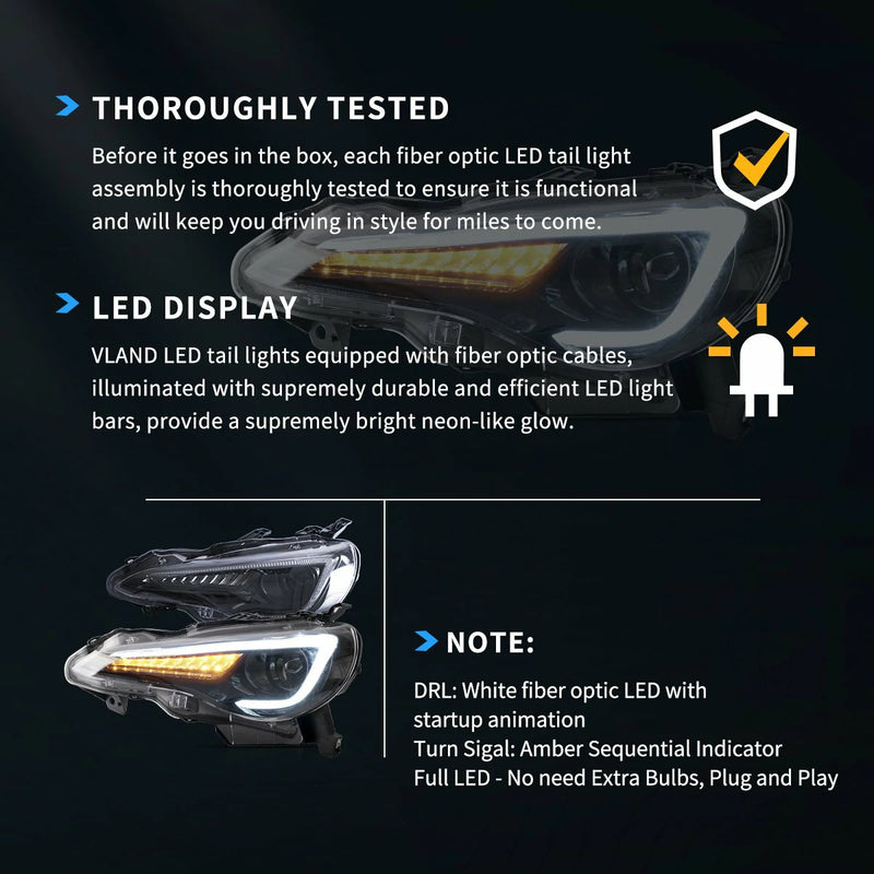 Vland Headlights For Toyota 86 2012-2020, Subaru BRZ 2013-2019 and Scion FR-S 2013-2016 1st Gen (First generation ZN6/ZC6) w/ sequential Turn Signal