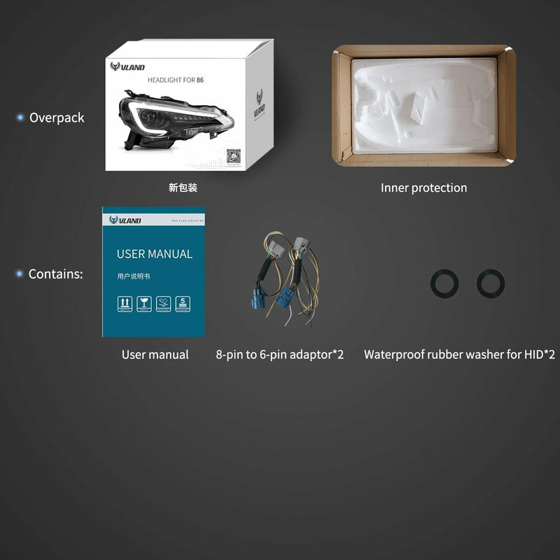 Vland Headlights For Toyota 86 2012-2020, Subaru BRZ 2013-2019 and Scion FR-S 2013-2016 1st Gen (First generation ZN6/ZC6) w/ sequential Turn Signal