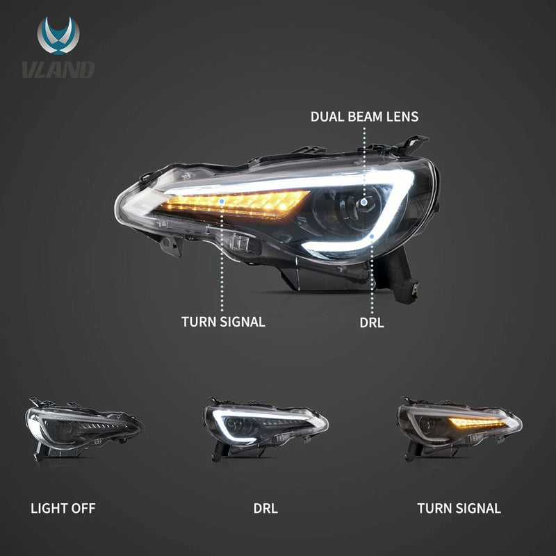 Vland Headlights For Toyota 86 2012-2020, Subaru BRZ 2013-2019 and Scion FR-S 2013-2016 1st Gen (First generation ZN6/ZC6) w/ sequential Turn Signal
