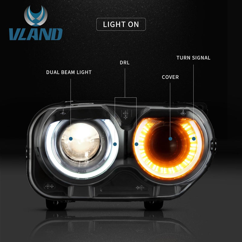 VLAND Dual Beam Headlights For Dodge Challenger 2015-2022 With Sequential Turn Signals VLAND Factory