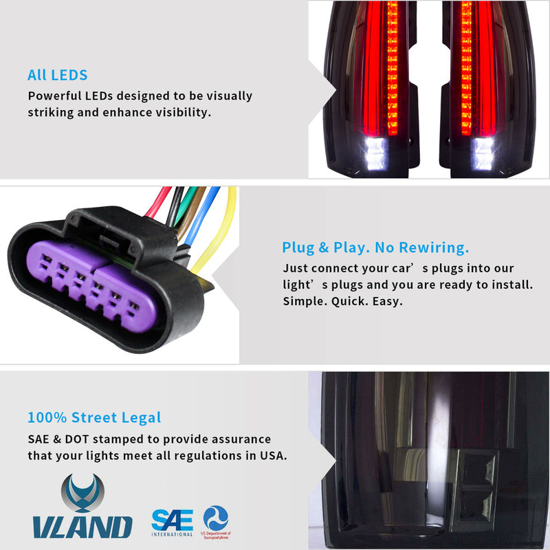 VLAND Full LED Tail Lights For Cadillac Escalade 3rd Gen SUV 2007- 2014 With Start-up Animation [6 Holes For 6 PINS Plug Rear Lamp with Red Turn Signal] VLAND Factory