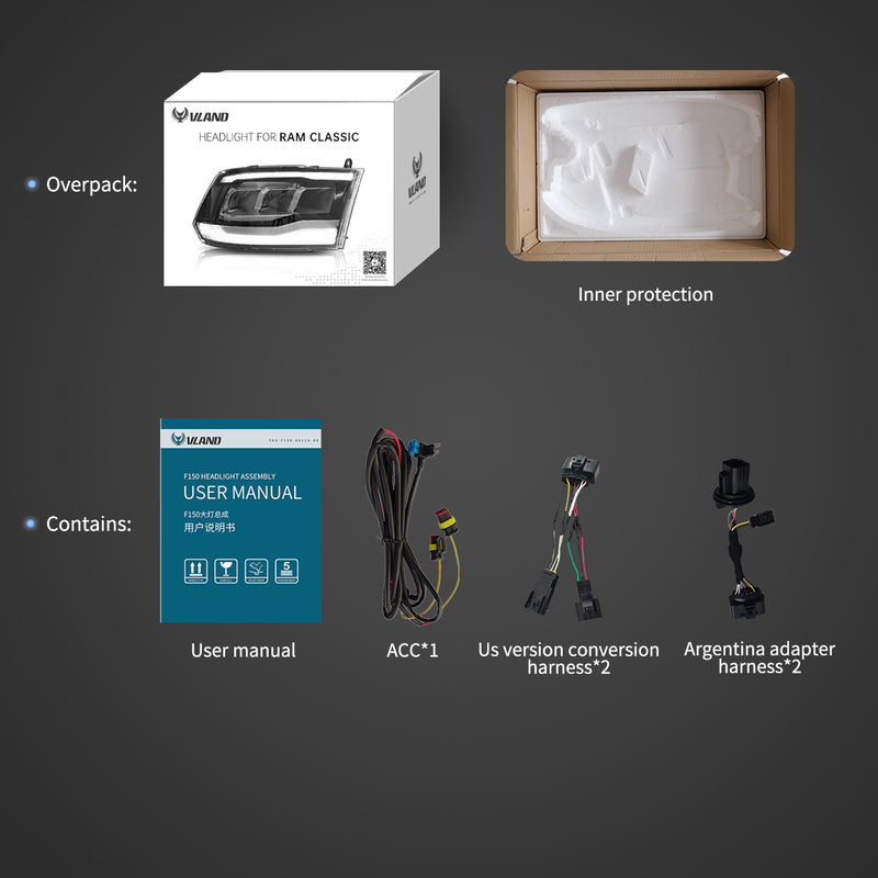 VLAND LED Headlights For Dodge Ram 1500 / 2500 / 3500 2009-2018 Ram1500 Classic 2019-2021 VLAND Factory