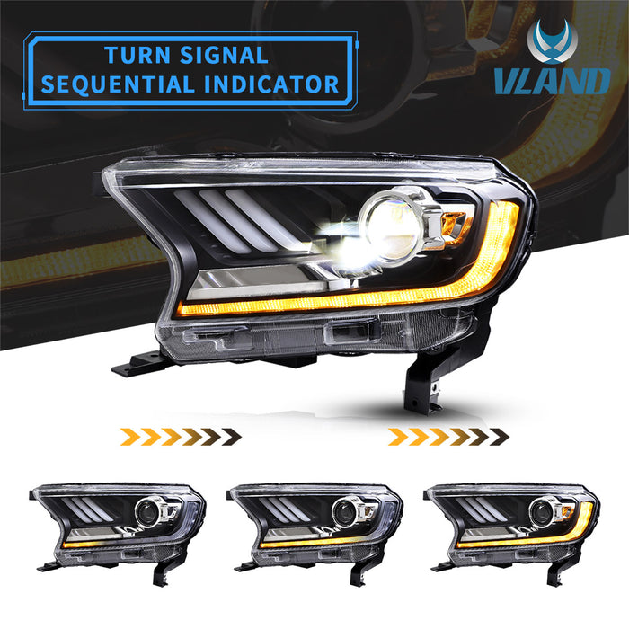 VLAND LED Headlights Ford Ranger PX2 PXS 2016-2020 With Sequential Indicators(Not fit for North American Models) VLAND Factory